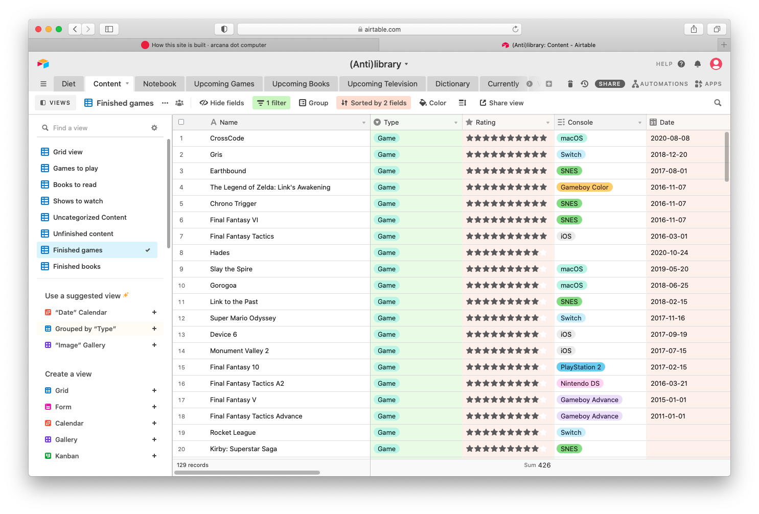 A screenshot of my 'Content catalog' in Airtable