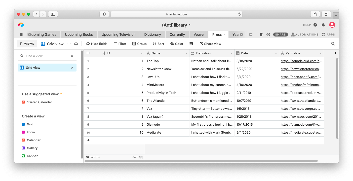 A screenshot of my 'Press list' in Airtable